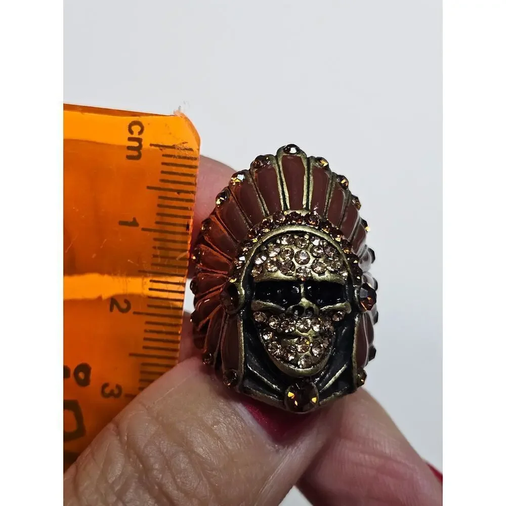 Indian‎ Chief Skull Brown Rhinestones Sz7 unisex bling ring. Motorcycle. Dark.